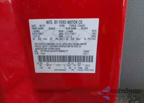 2007 Ford F-150 Fx4/Lariat/Xlt z USA, uszkodzony, nr VIN 1FTPW14V57FB89017